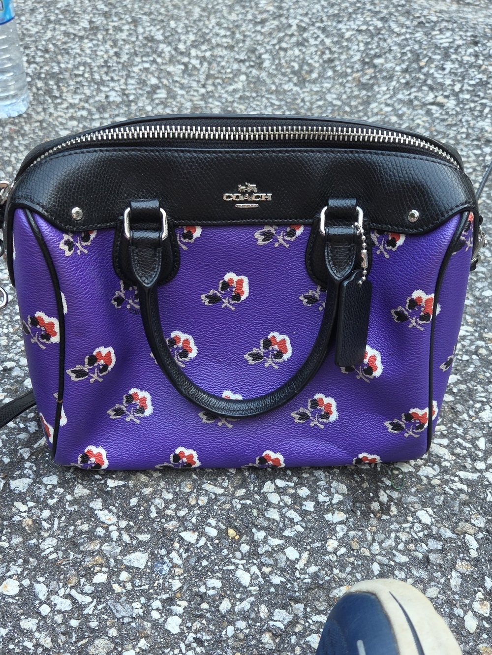 Coach Purple Floral Dome Satchel with Black Trim and Red Accents